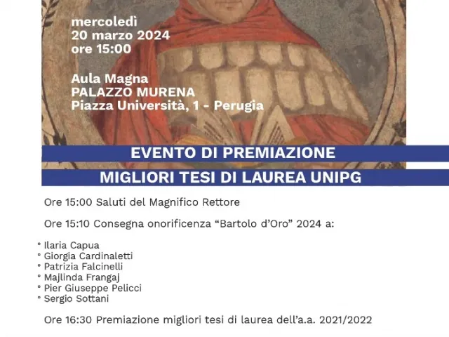 Nel pomeriggio di oggi l'Università degli Studi di Perugia assegna il "Bartolo d'Oro" a sei personaggi illustri laureati presso lo Studium